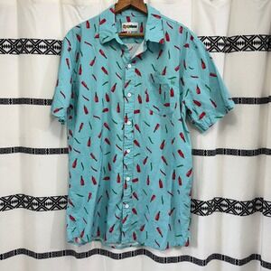 Tipsy Elves Aqua Button-Down Shirt with Red Bottle Print